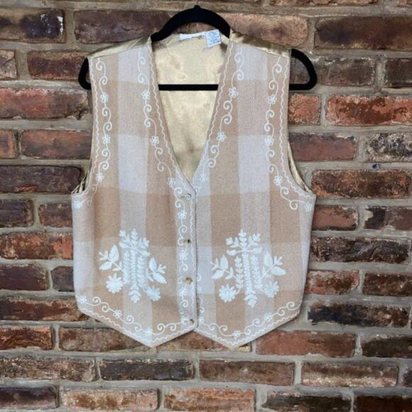Paul Harris Designs Wool Plaid Embroidered Tan Gold Vest Women's Size Large - Picture 1 of 6